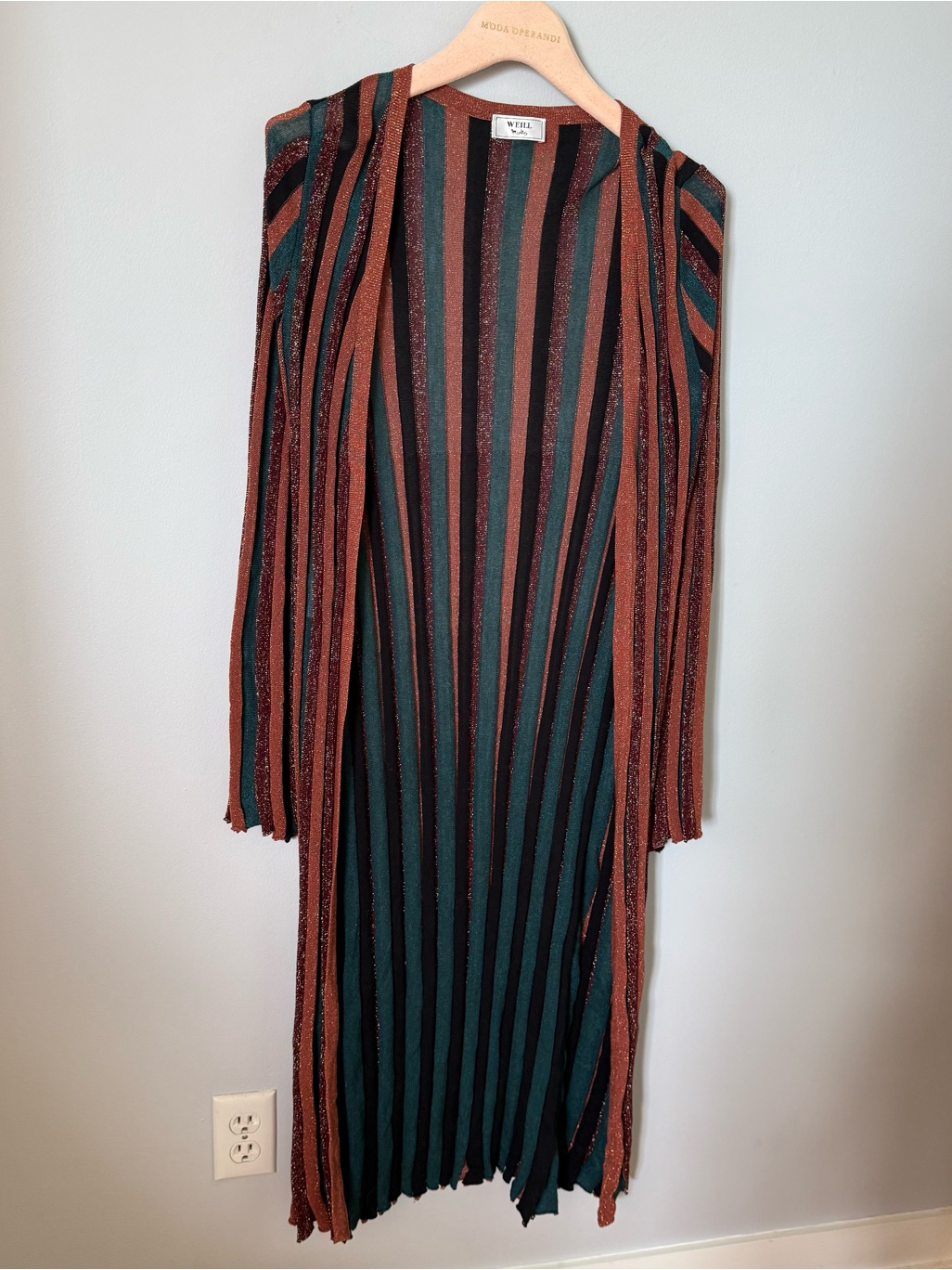 Weill Long Striped Open Cardigan In Rust & Teal